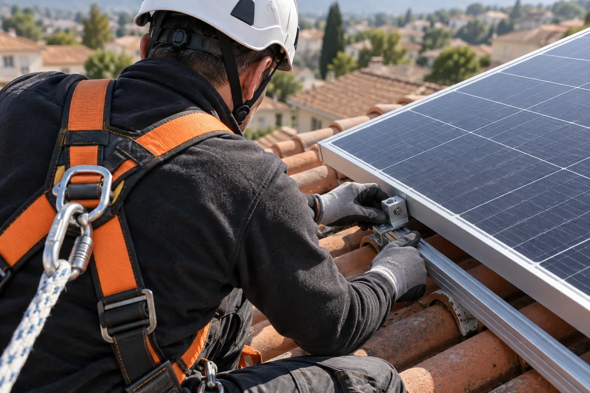 Artisan vu de dos vérifiant la fixation d’un panneau solaire sur une toiture en tuiles