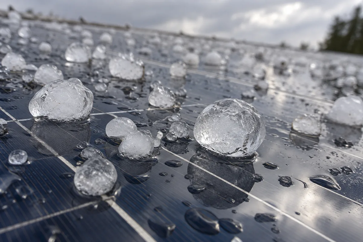 Grêlons posés sur le verre d’un panneau solaire, vus en gros plan