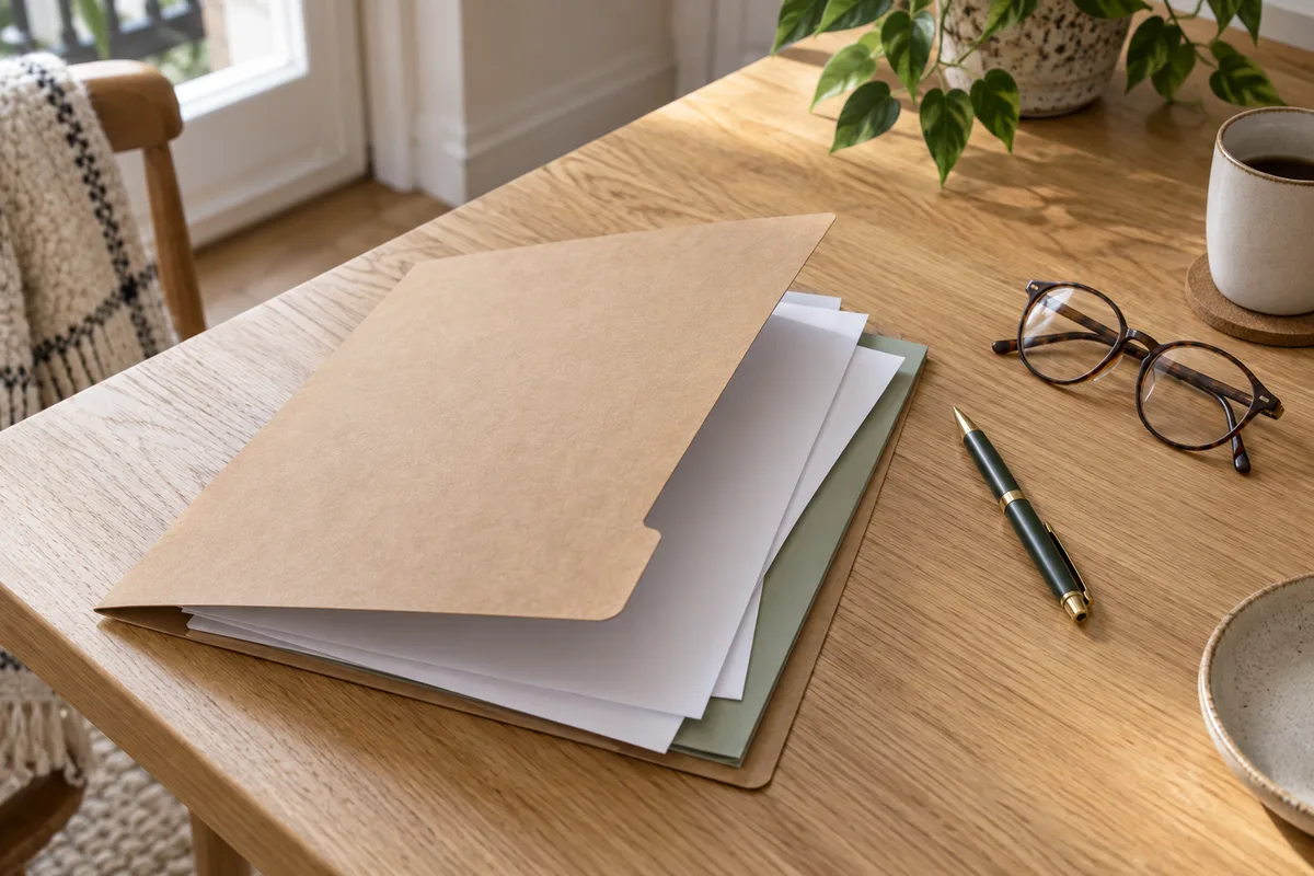 Dossier cartonné et attestations posés sur une table en bois, lumière naturelle