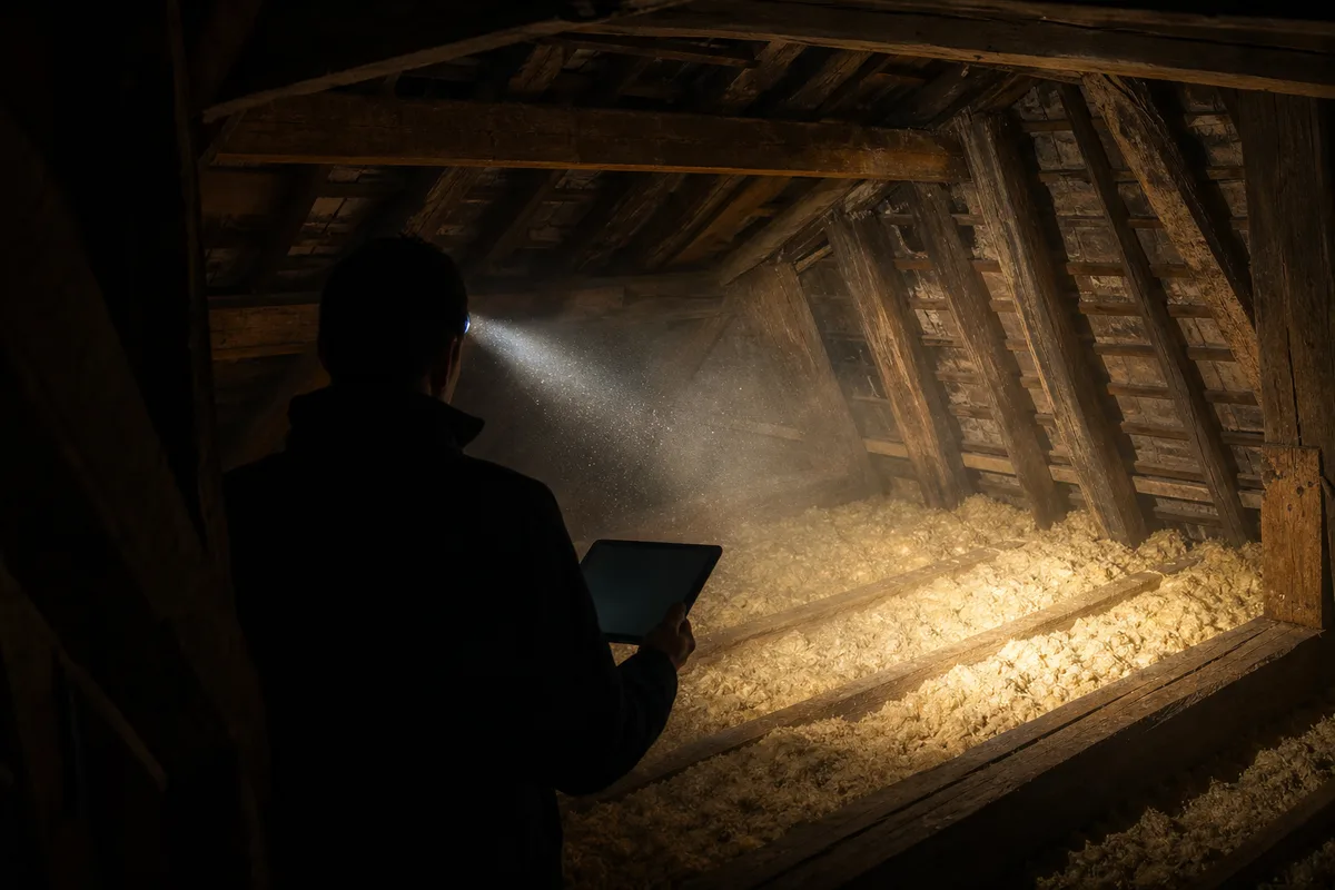 Auditeur énergétique inspectant des combles sous charpente bois avec une lampe et une tablette de relevés