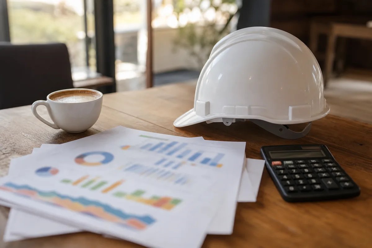 Rapport d’audit énergétique imprimé avec graphiques de classes énergétiques posé sur une table à côté d’un casque de chantier