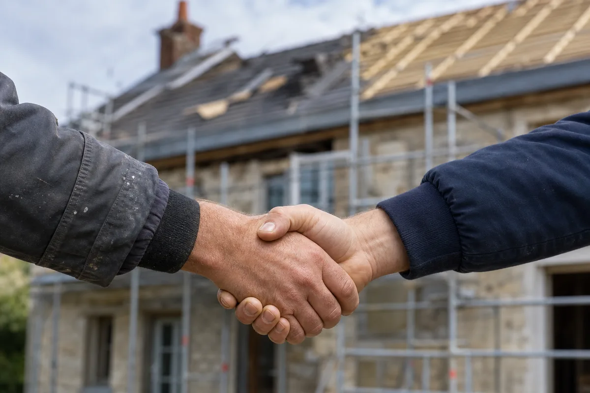 Poignée de main entre un professionnel du diagnostic et un propriétaire devant une maison en travaux de couverture
