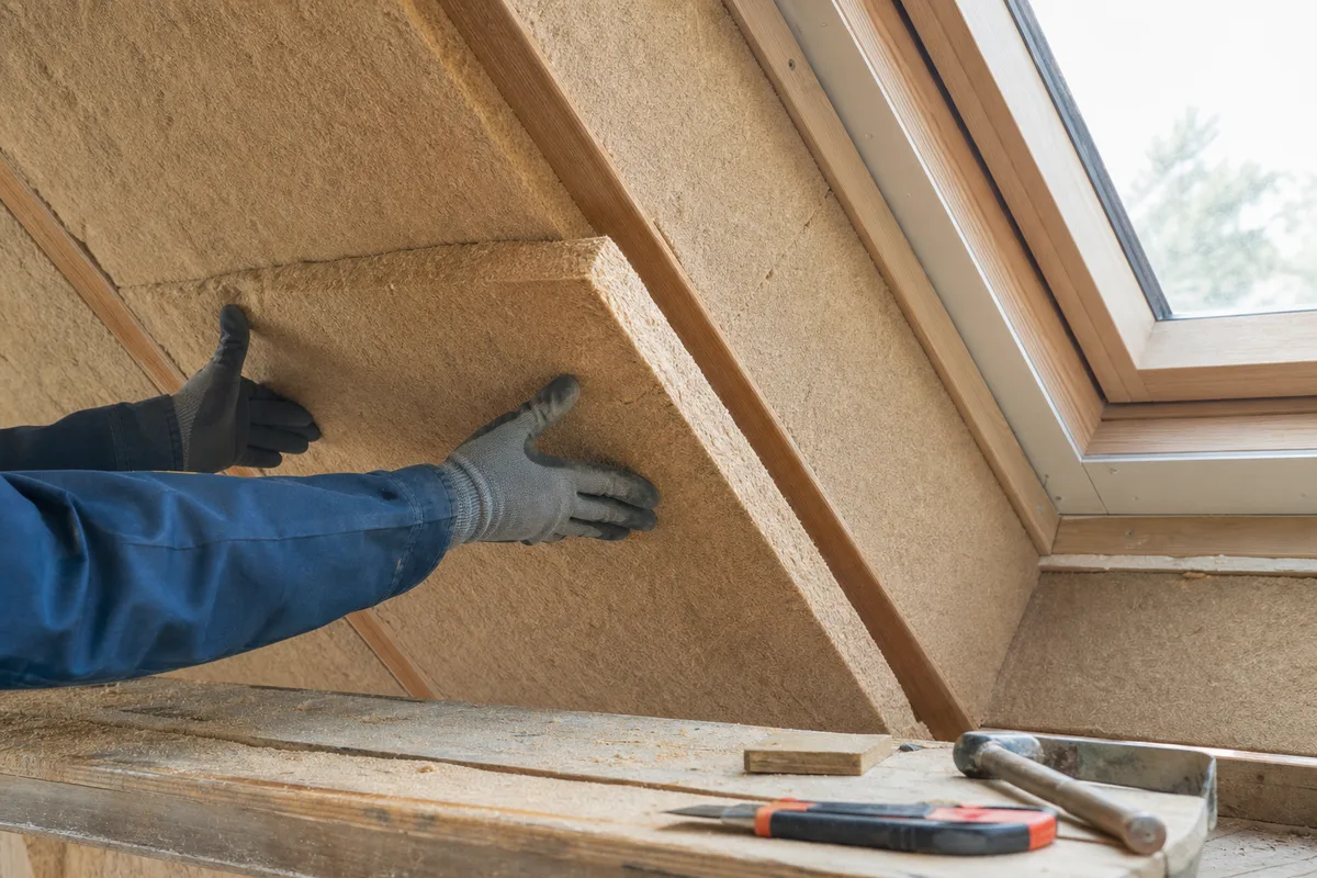 Chantier d’isolation de combles avec panneaux isolants posés entre chevrons dans une lumière naturelle