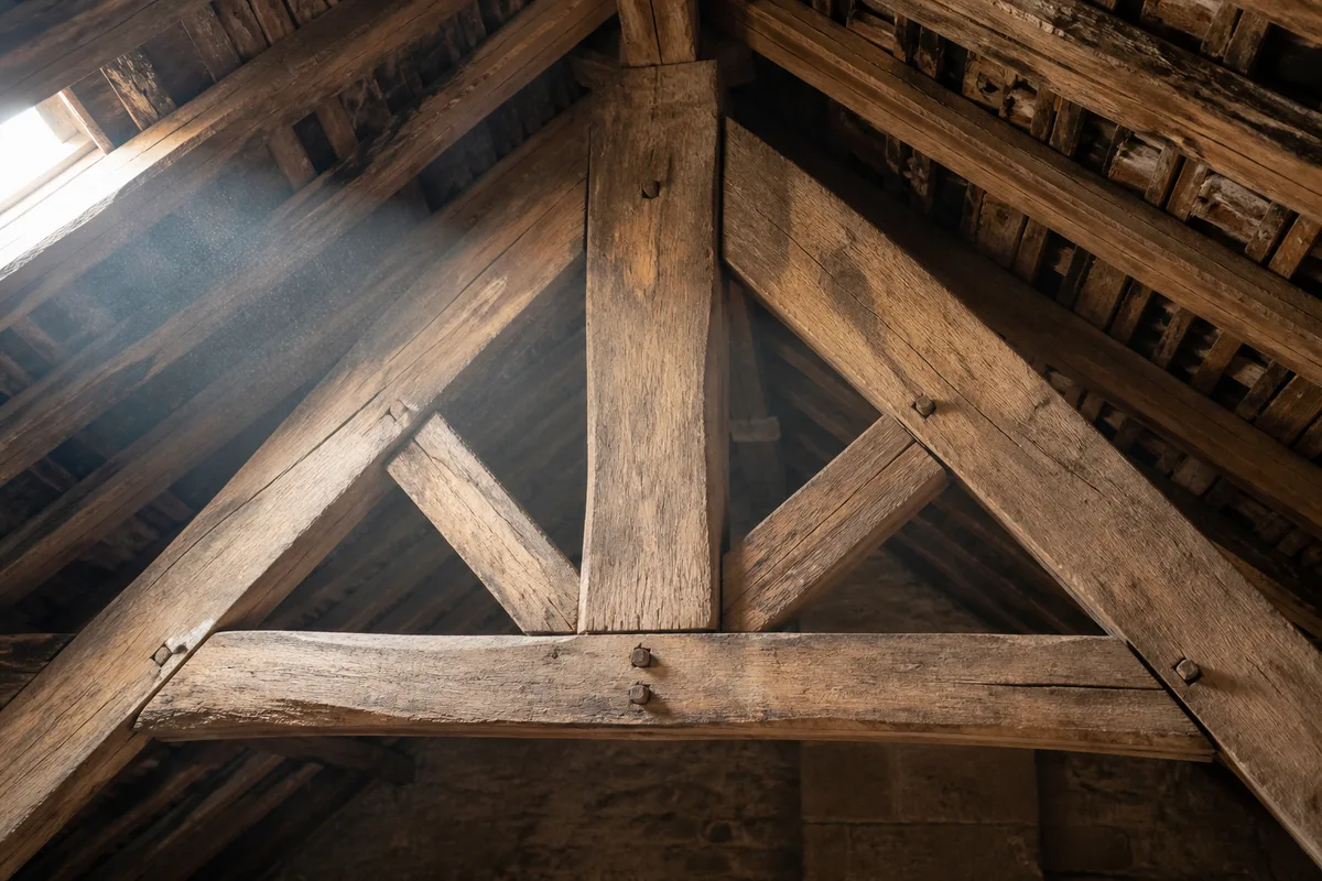 Charpente traditionnelle en chêne avec assemblages à tenons et mortaises dans un comble ancien