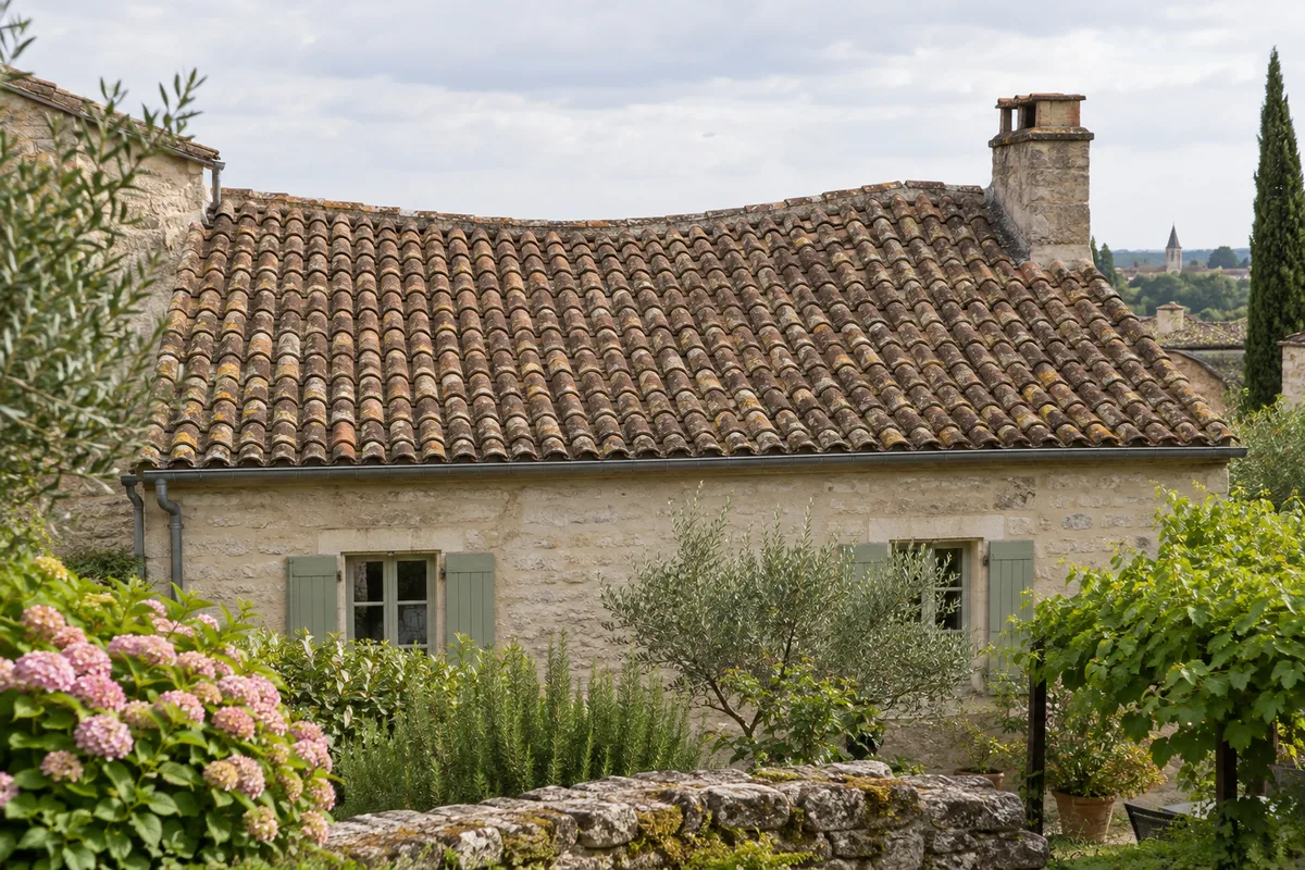 Ligne de faîtage légèrement creusée sur le toit en tuiles d’une maison ancienne vue depuis le sol