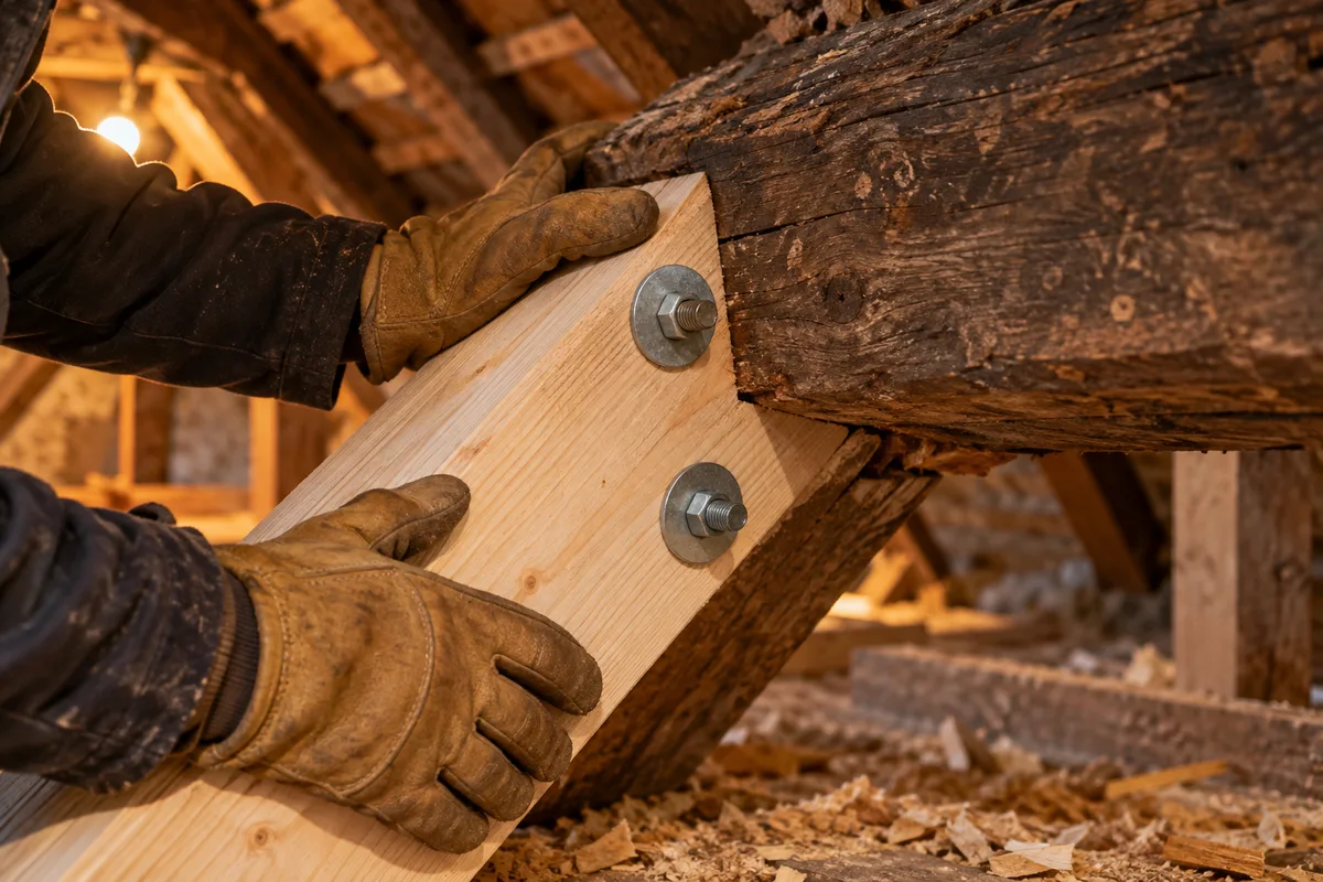Mains gantées d’un charpentier plaquant une pièce de bois de renfort contre une panne dans des combles