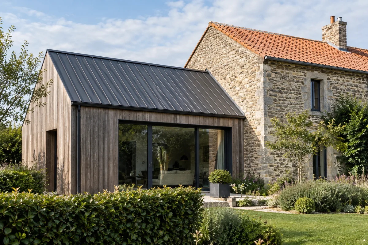 Toiture en bac acier gris anthracite d’une extension contemporaine adossée à une maison ancienne