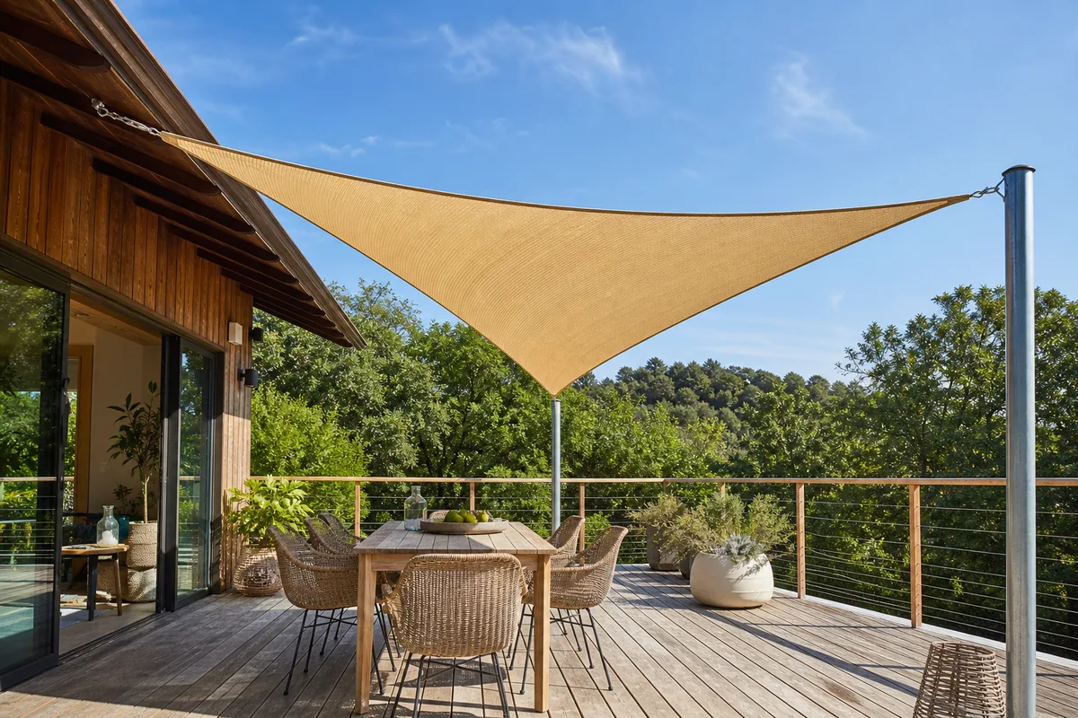 Voile d’ombrage triangulaire tendue au-dessus d’une terrasse en bois