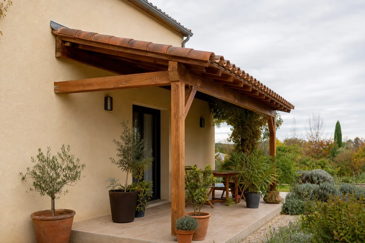 Auvent en bois adossé à la façade d’une maison au-dessus d’une terrasse