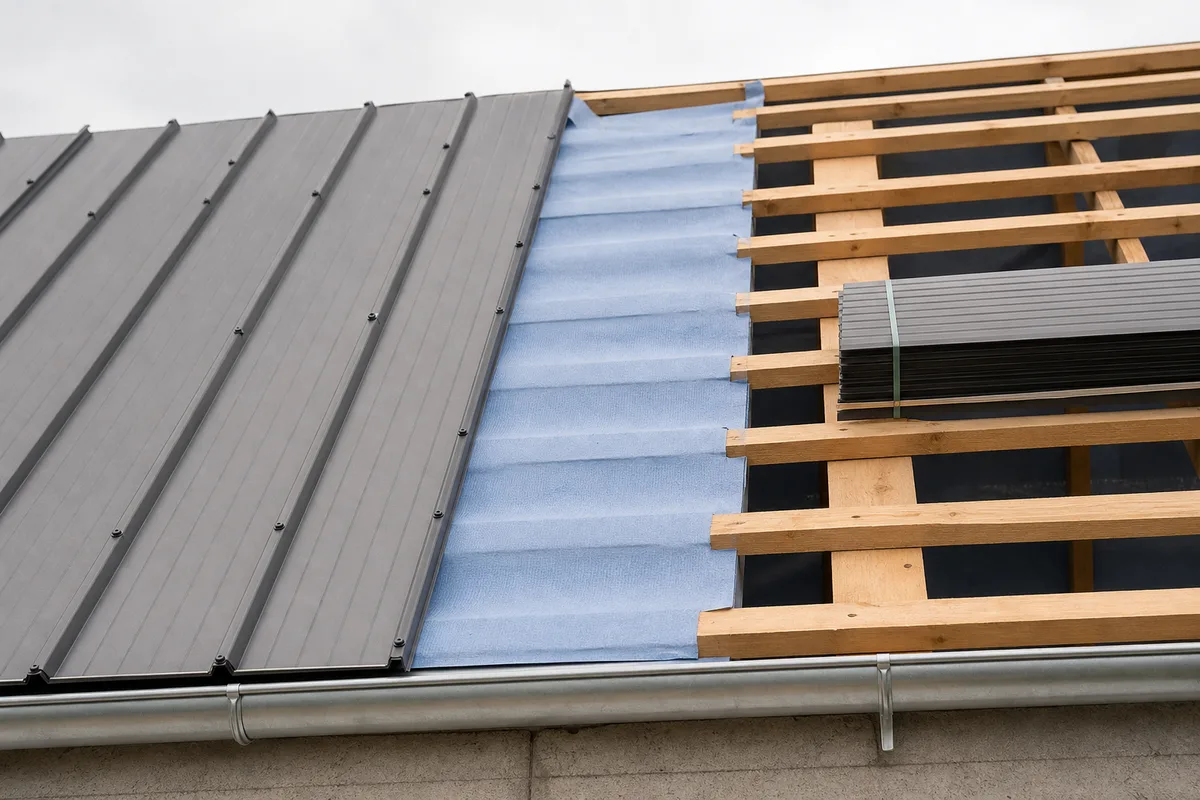 Toiture en bac acier gris anthracite posée sur une charpente bois claire, chantier de rénovation en France