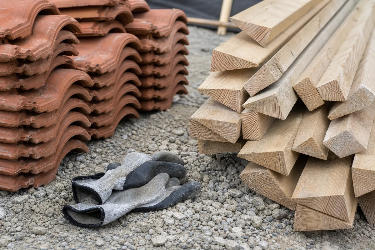 Zone de dépose des matériaux sur un chantier de rénovation de toiture avec tuiles et bois séparés