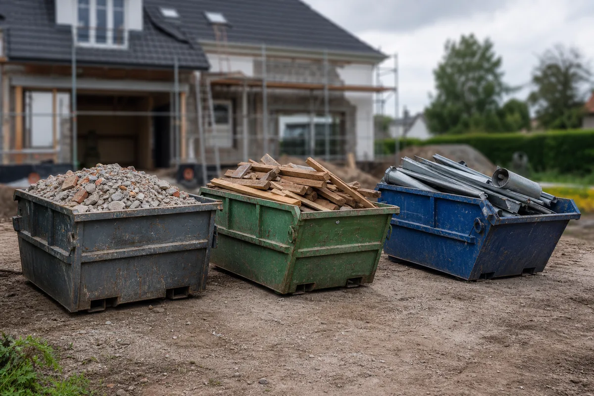 Bennes de tri séparées pour gravats bois et métaux sur un chantier de bâtiment