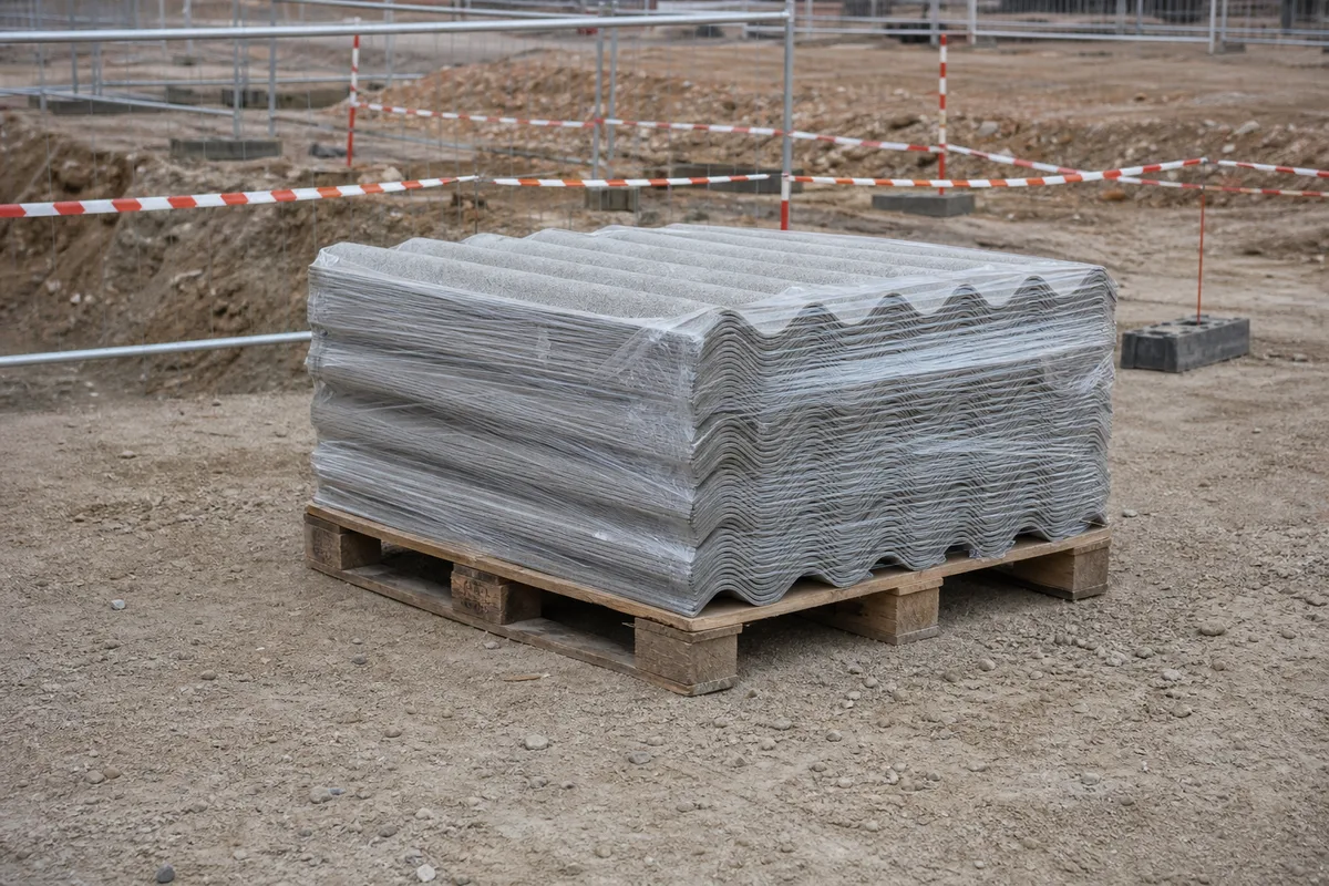 Plaques de fibrociment déposées et conditionnées séparément sur une palette protégée