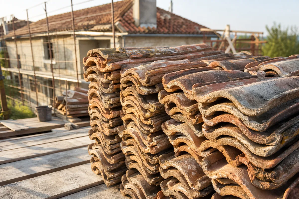 Tuiles anciennes en bon état triées en vue d’un réemploi en bord de chantier