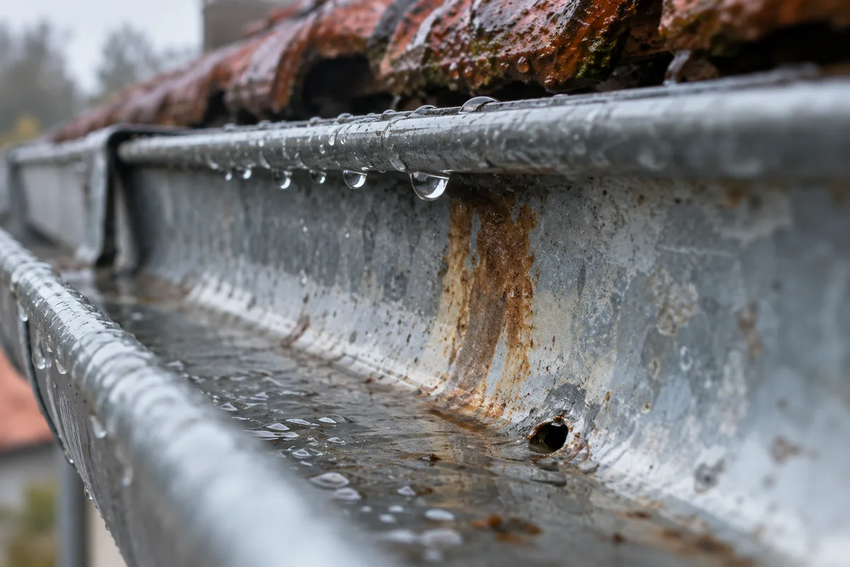 Gros plan d&rsquo;une gouttière en zinc sous la pluie, traînée de corrosion et petite perforation au fond