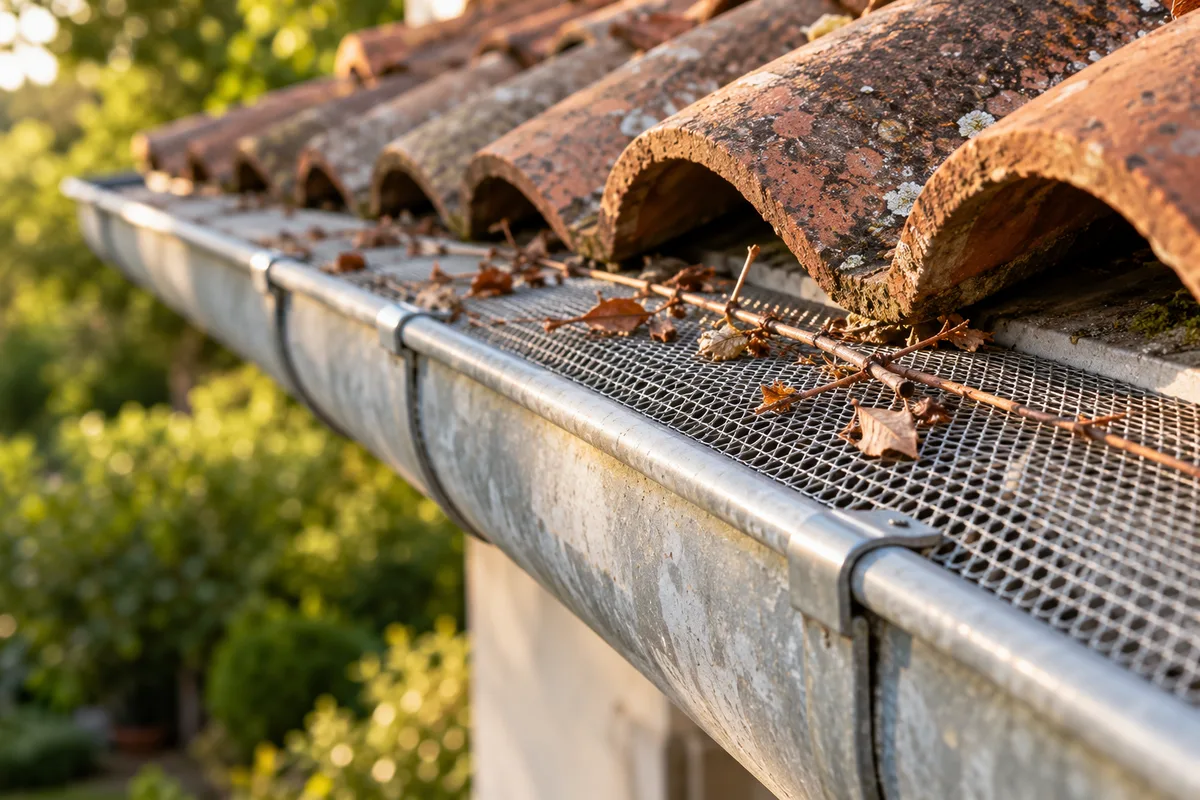 Grille pare-feuilles métallique posée dans une gouttière en zinc sous un rang de tuiles