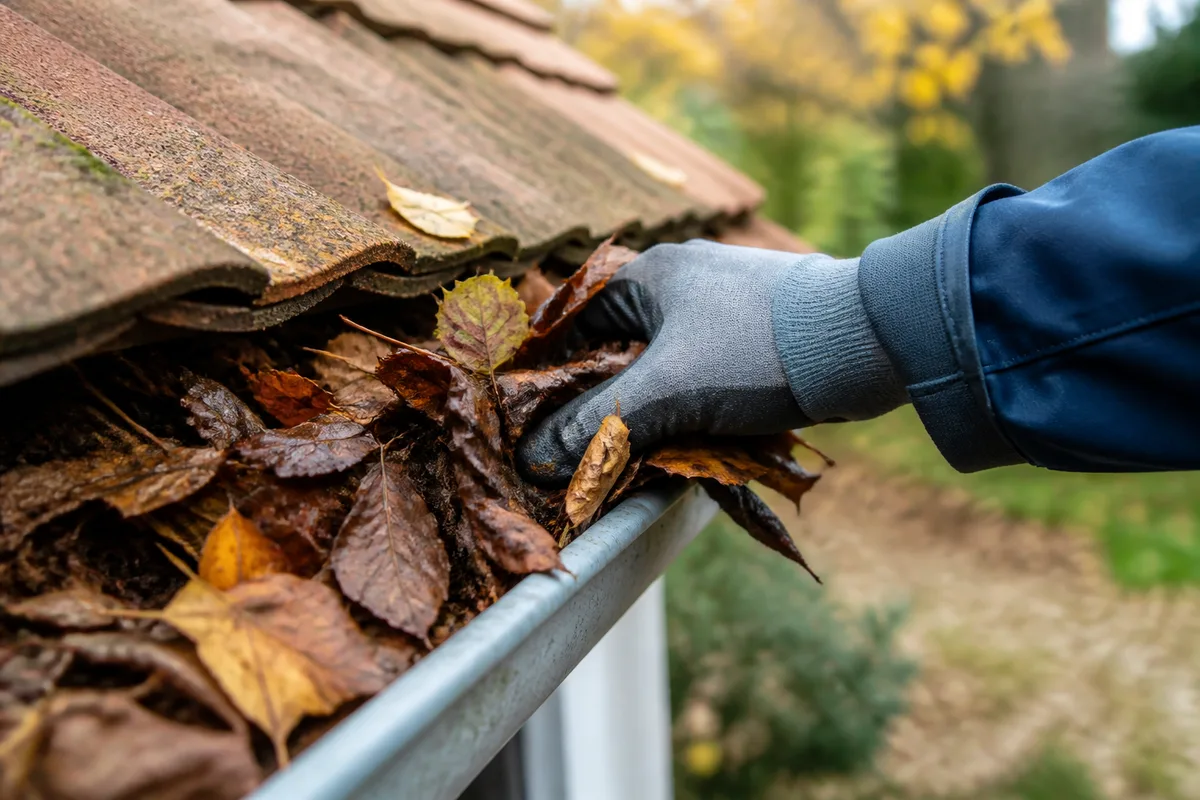 Gouttière en aluminium nettoyée à la main, feuilles retirées au bord d&rsquo;un toit