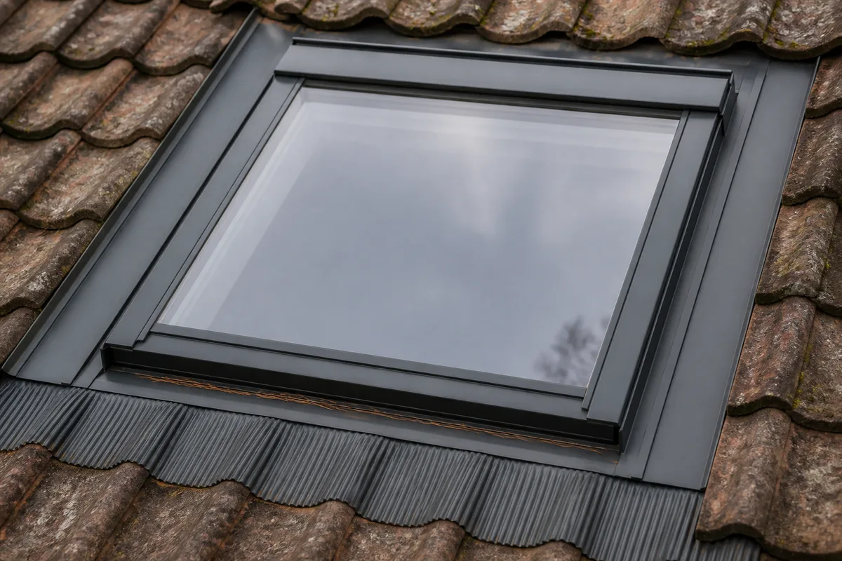 Fenêtre de toit vue de l&rsquo;extérieur, raccord d&rsquo;étanchéité et joints visibles sur une couverture en tuiles