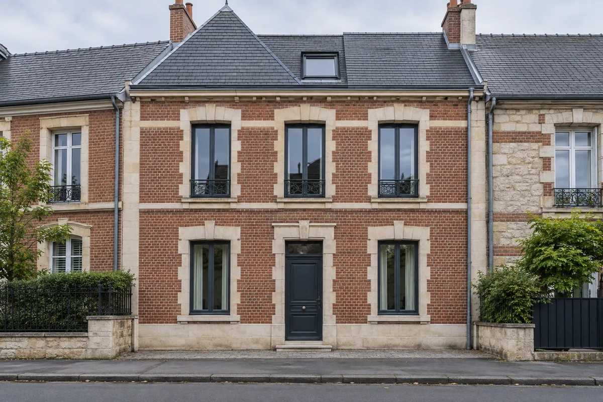 Façade de maison de ville en brique et pierre avec une fenêtre de toit
