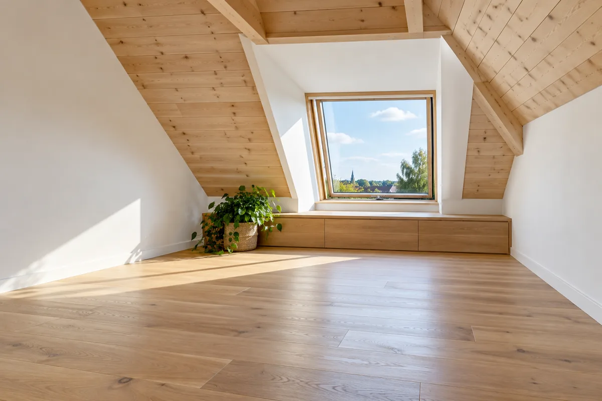 Combles aménagés éclairés par une lucarne, parquet clair et mur blanc, sans personne