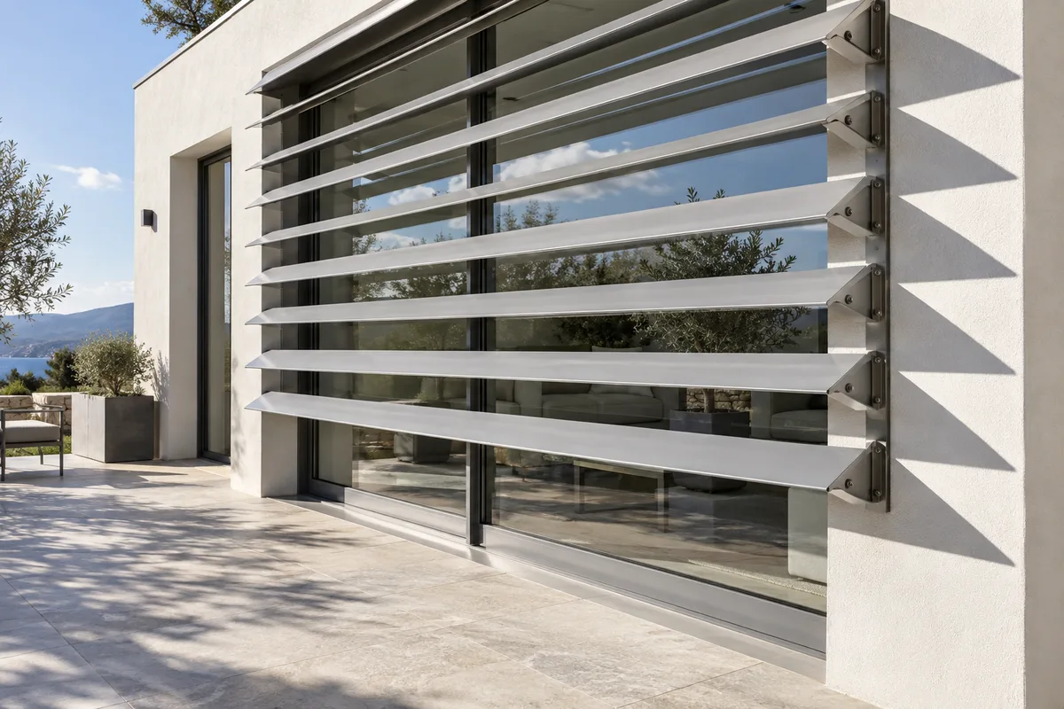 Façade avec un brise-soleil orientable à lames en aluminium devant une grande baie vitrée