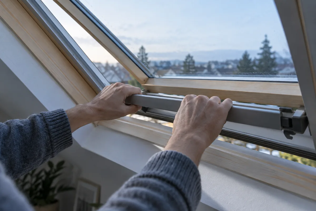 Mains ouvrant une fenêtre de toit dans un comble aménagé au petit matin