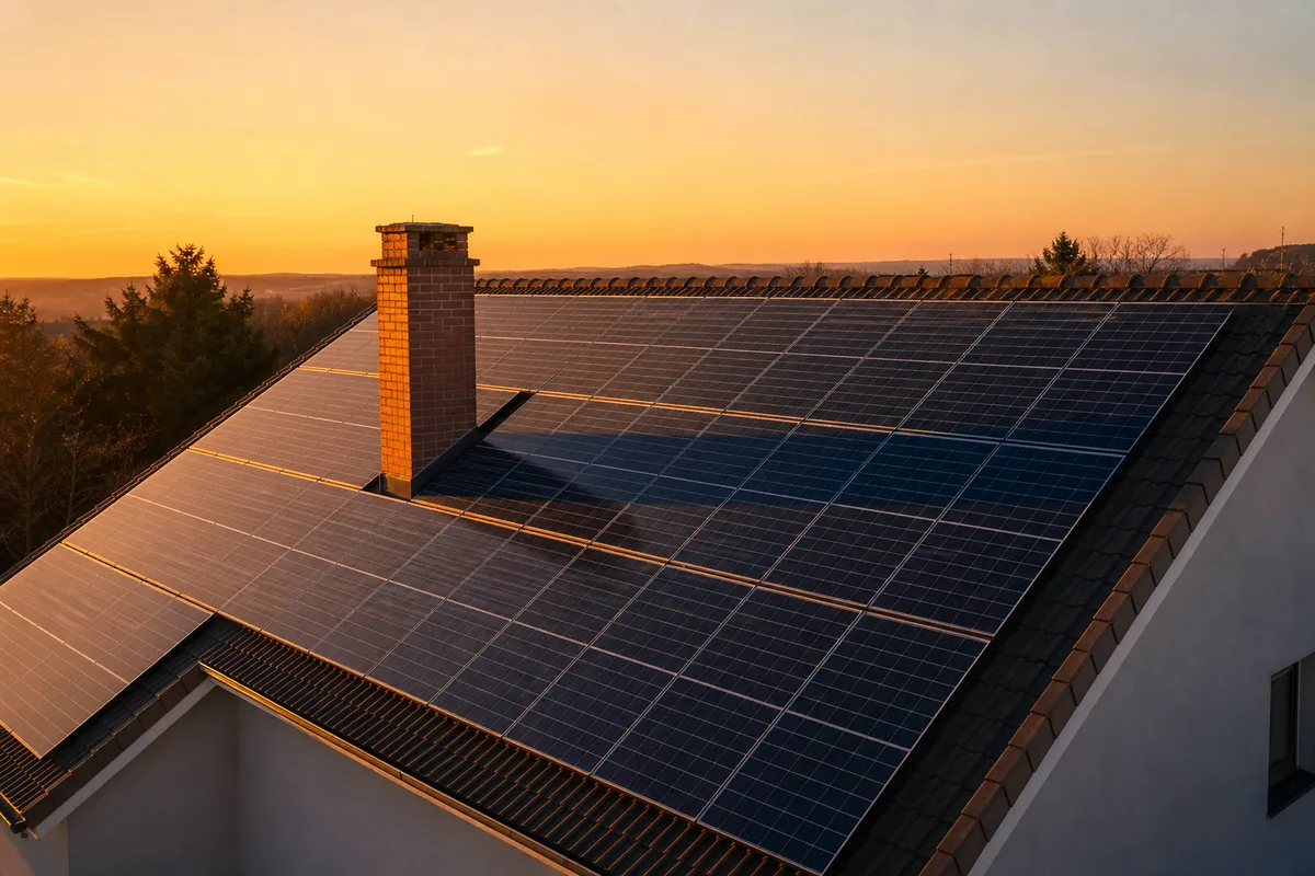 Versant de toiture équipé de panneaux solaires en lumière rasante de fin de journée, ombre portée d’une cheminée
