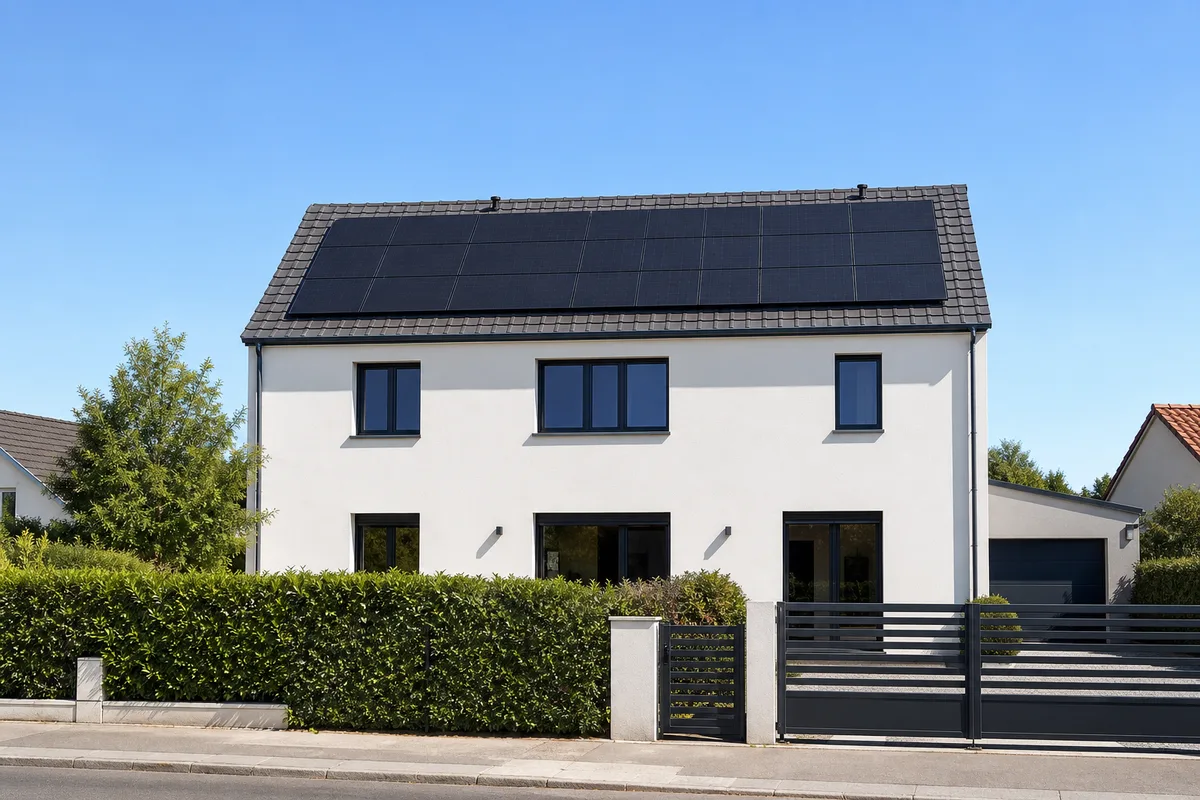Maison individuelle vue depuis la rue, panneaux solaires alignés sur le versant de la toiture