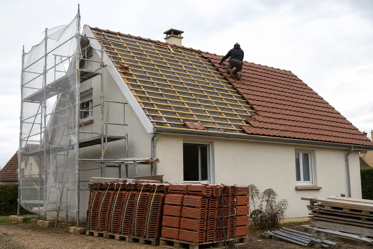 Chantier de réfection de toiture avec échafaudage et couvreur posant des tuiles