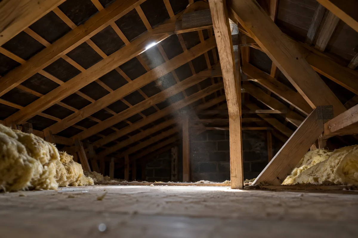 Combles sous charpente bois traversés par un rai de lumière venant de la couverture