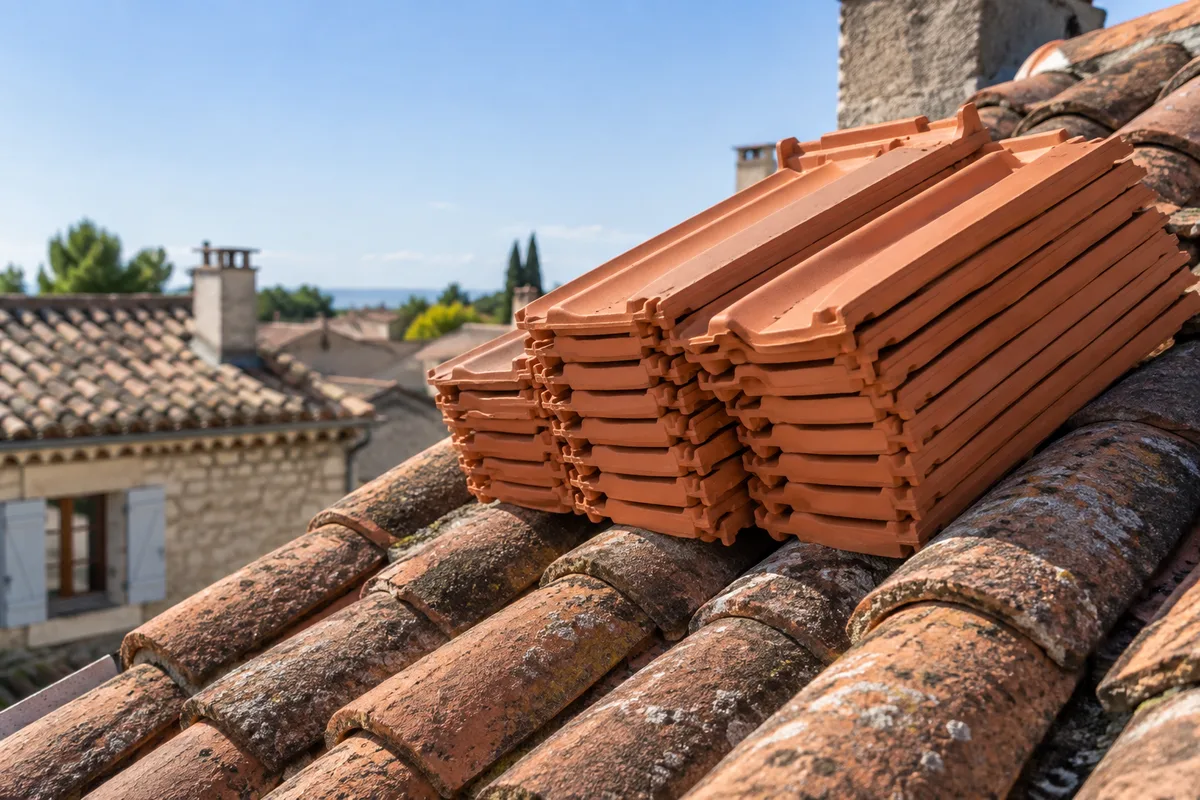 Tuiles en terre cuite neuves empilées sur une toiture en attente de pose
