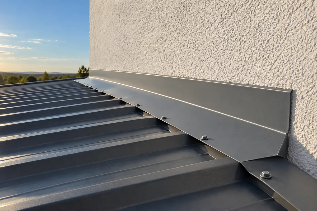 Jonction entre une couverture en bac acier gris et un mur crépi avec un solin en aluminium