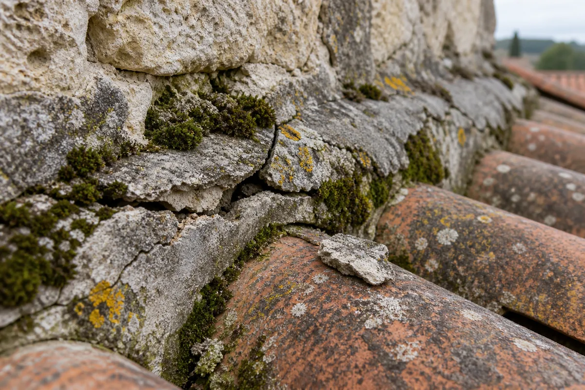 Gros plan sur un ancien solin au mortier fissuré et couvert de mousse contre un mur de pierre
