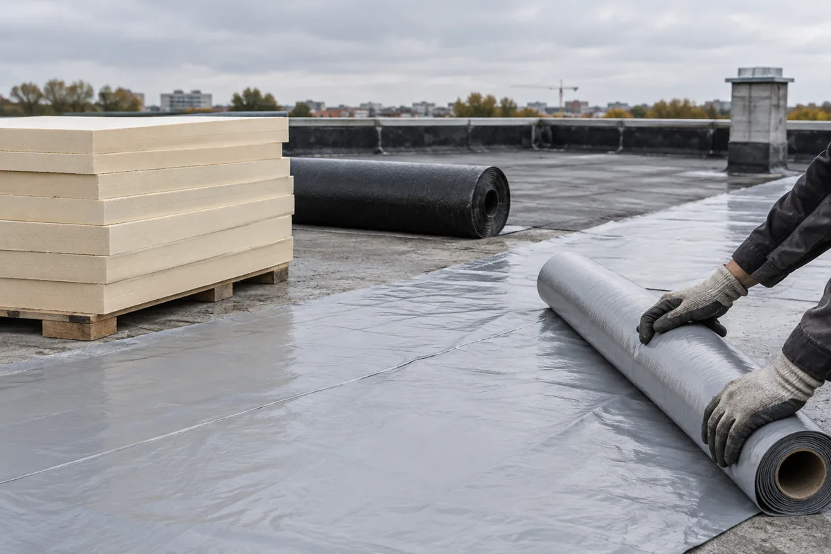 Panneaux isolants rigides et rouleau de membrane d’étanchéité sur la dalle d’un toit-terrasse en réfection