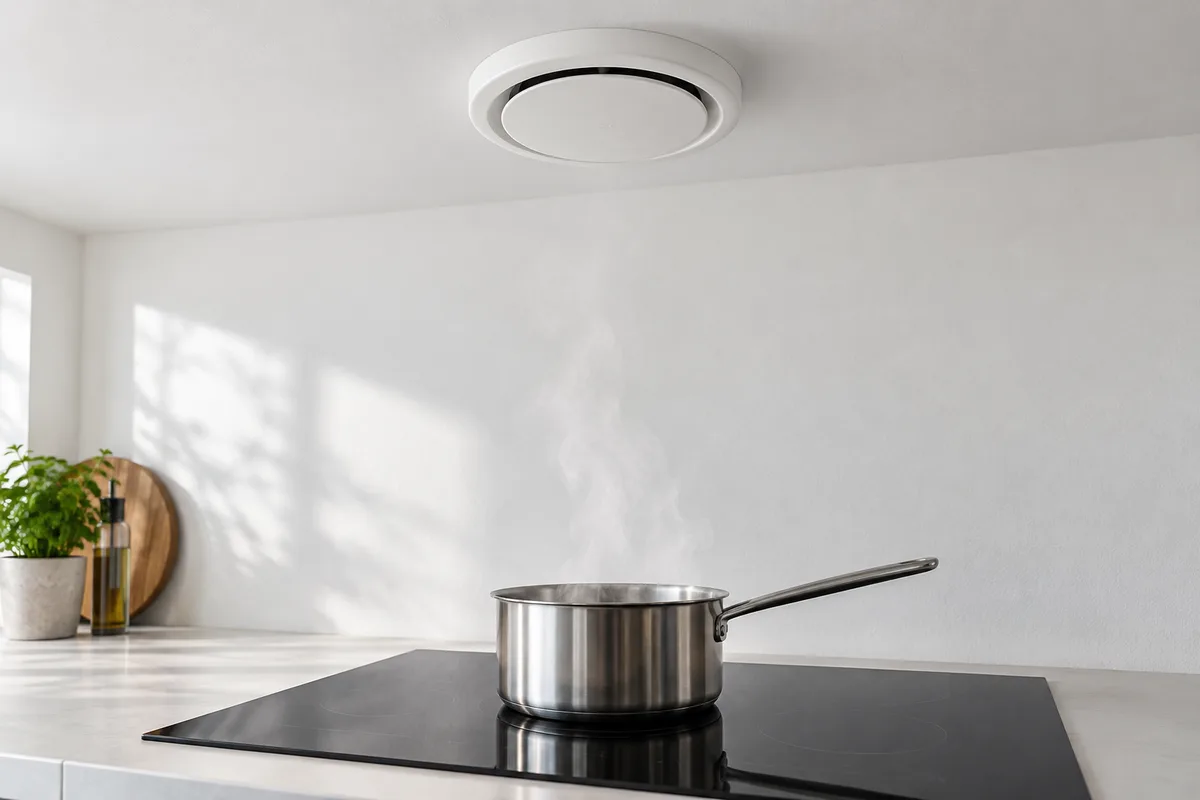 Bouche d’extraction ronde au plafond d’une cuisine au-dessus d’une casserole qui dégage de la vapeur