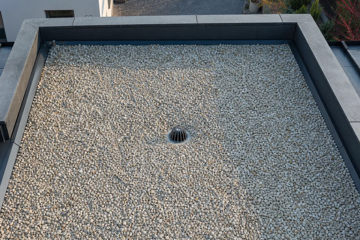 Vue plongeante sur le toit plat gravillonné d&rsquo;une maison cubique avec ses naissances d&rsquo;évacuation