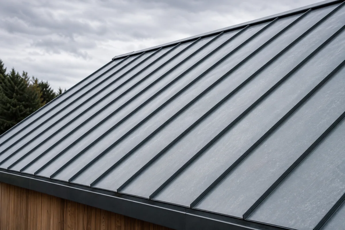 Détail d&rsquo;une couverture en zinc à joint debout sur une maison contemporaine à toiture monopente