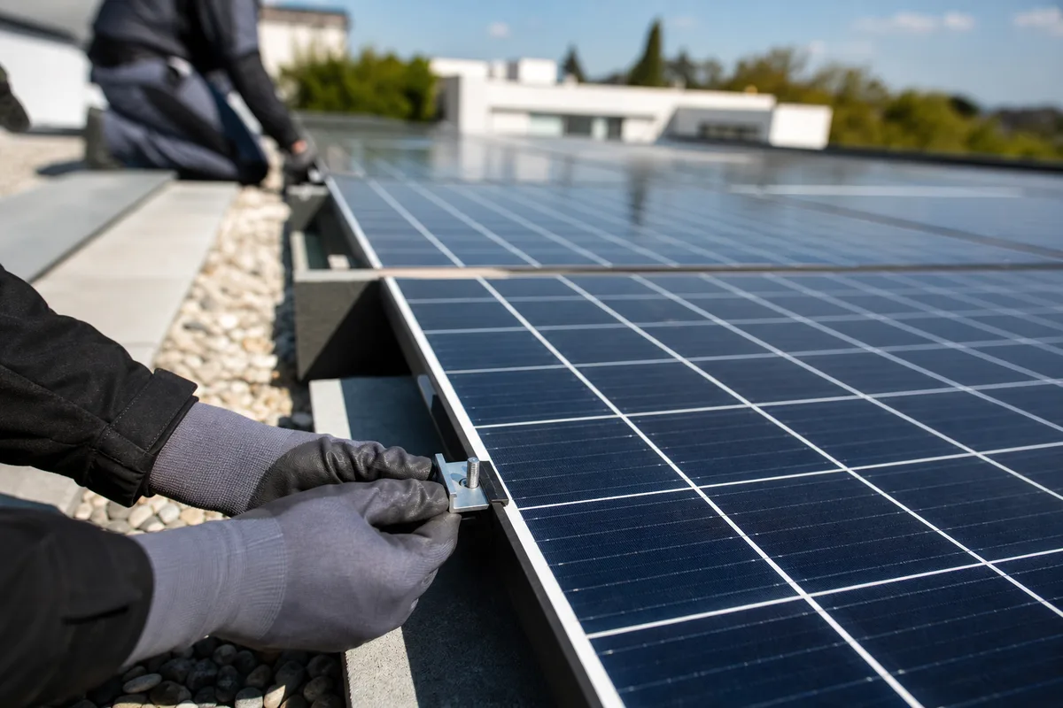 Panneaux solaires montés sur bacs lestés sur le toit plat d&rsquo;une maison d&rsquo;architecte