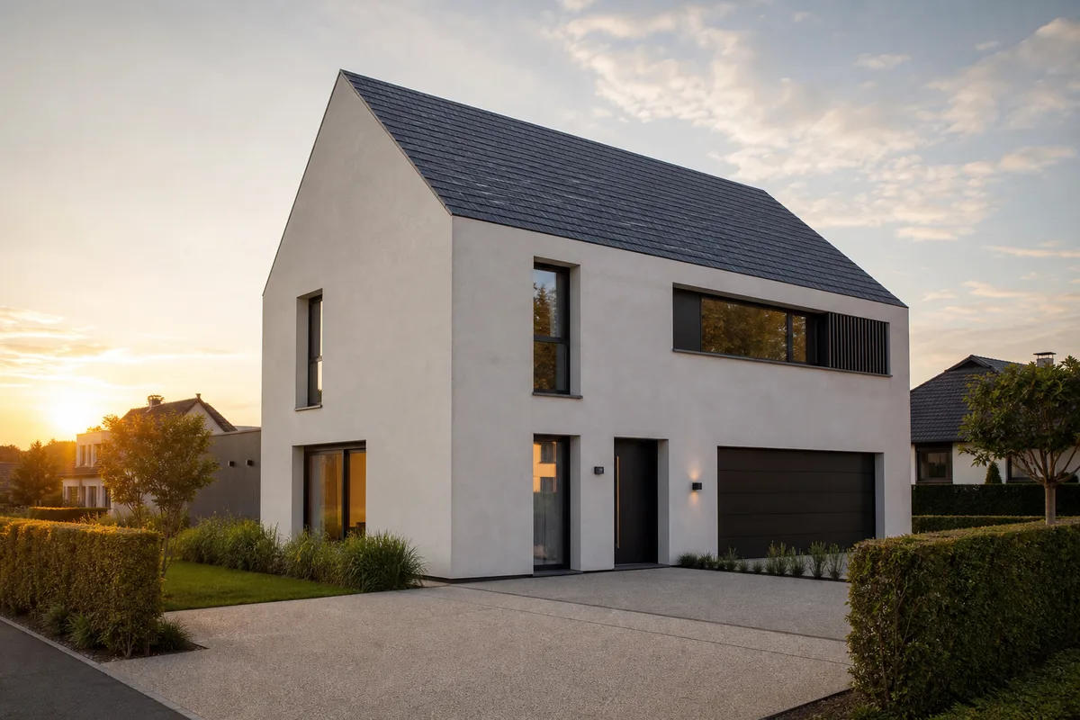 Maison contemporaine à deux pans sans débord, couverture anthracite alignée sur les pignons
