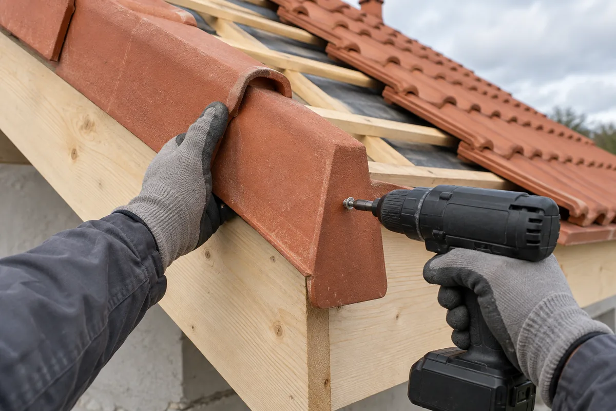 Mains d’un couvreur en gants de travail fixant une tuile de rive contre la planche de rive