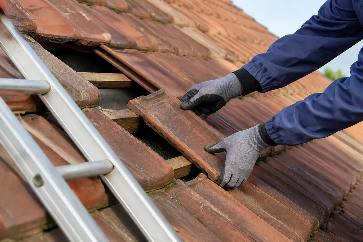 Toiture en tuiles avec tuiles déplacées en cours d’inspection