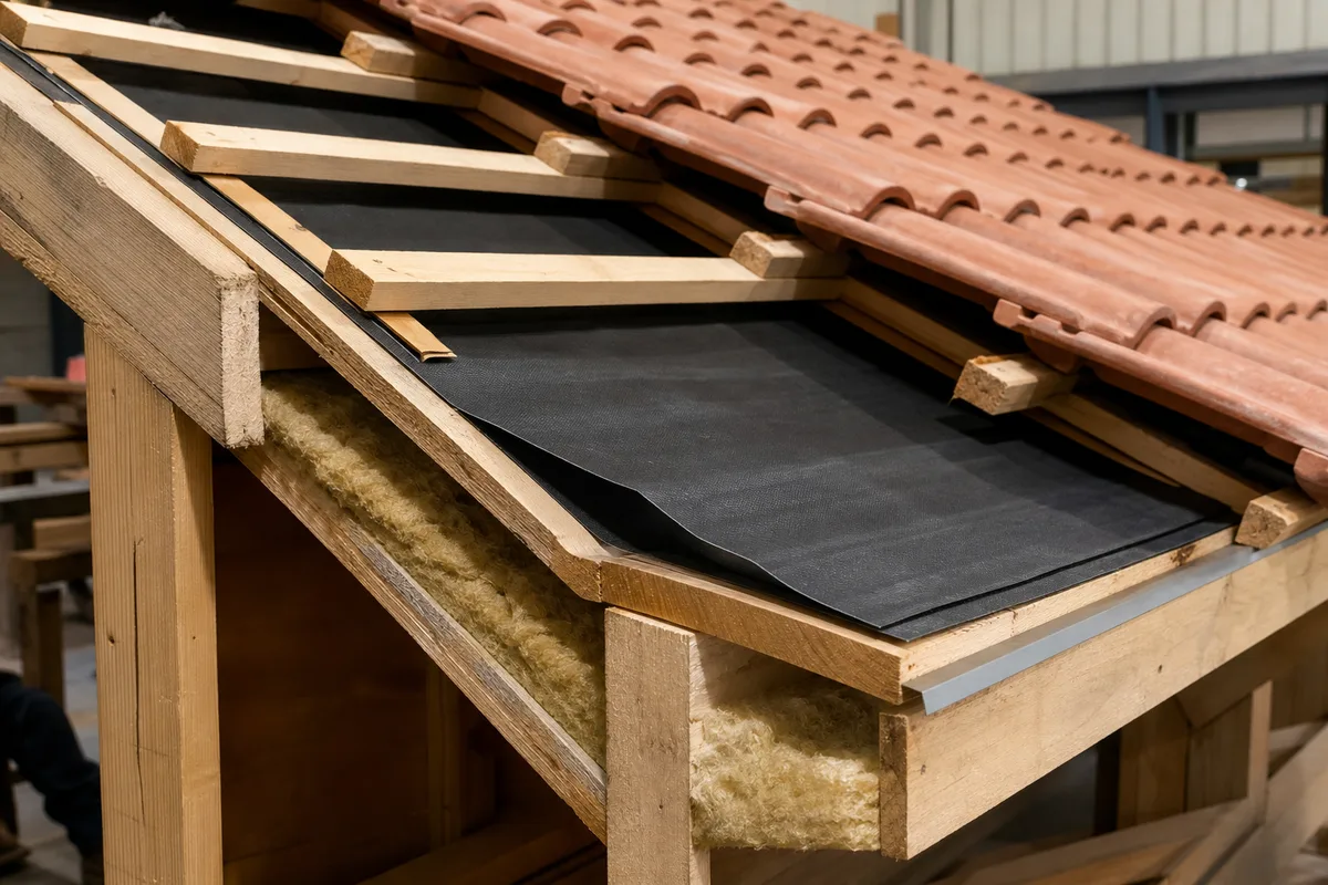 Coupe d’une toiture montrant le flux d’air ventilé entre l’écran de sous-toiture et les tuiles